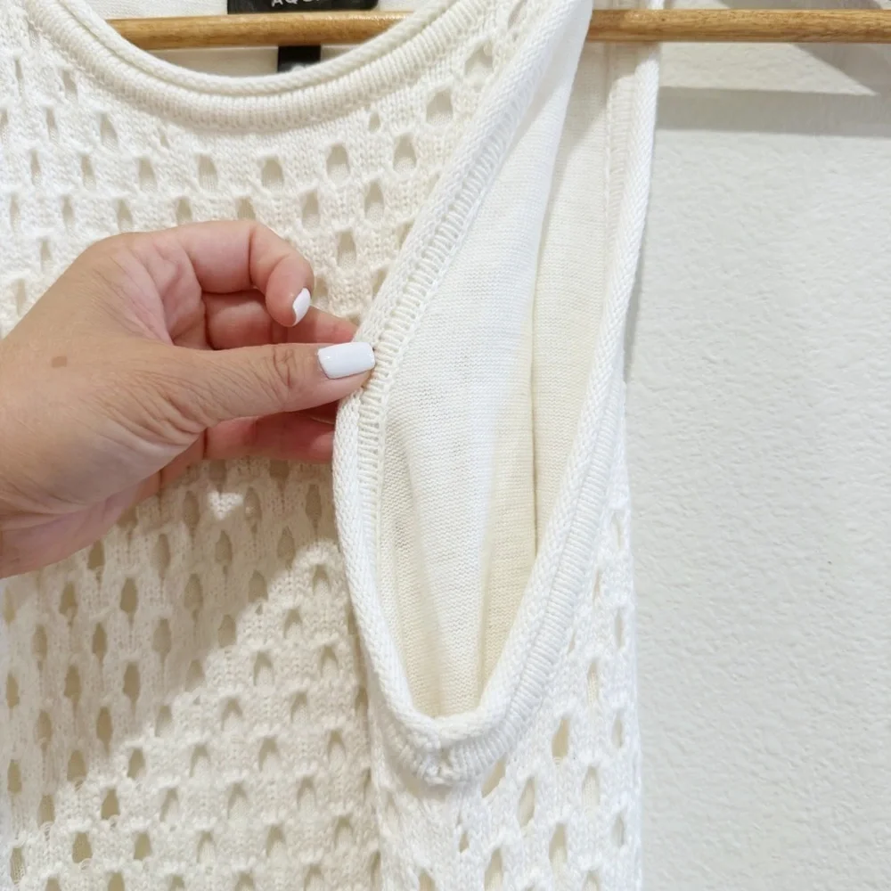 AQUA Crochet Tank Dress White Sleeveless Pullover Crewneck Size Small